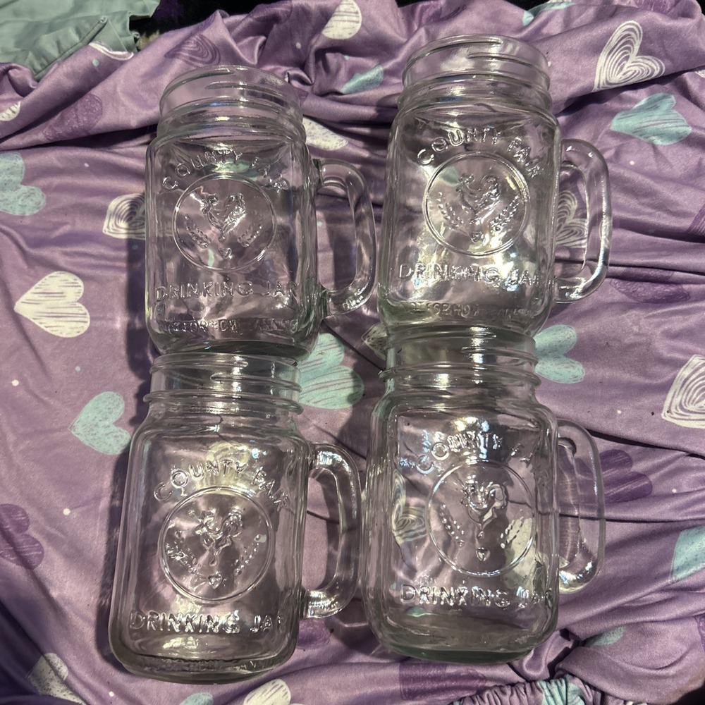 Set of 4 Vintage Libbey County Fair Mason Jar Mugs Rooster Handle Glass 16oz